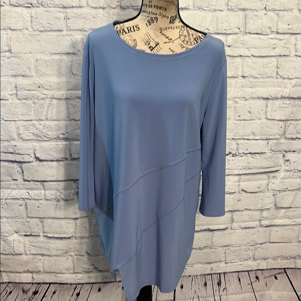 Clara Sun Woo Tunic Top Asymmetrical Hem 3/4 Sleeves Blue Size XL